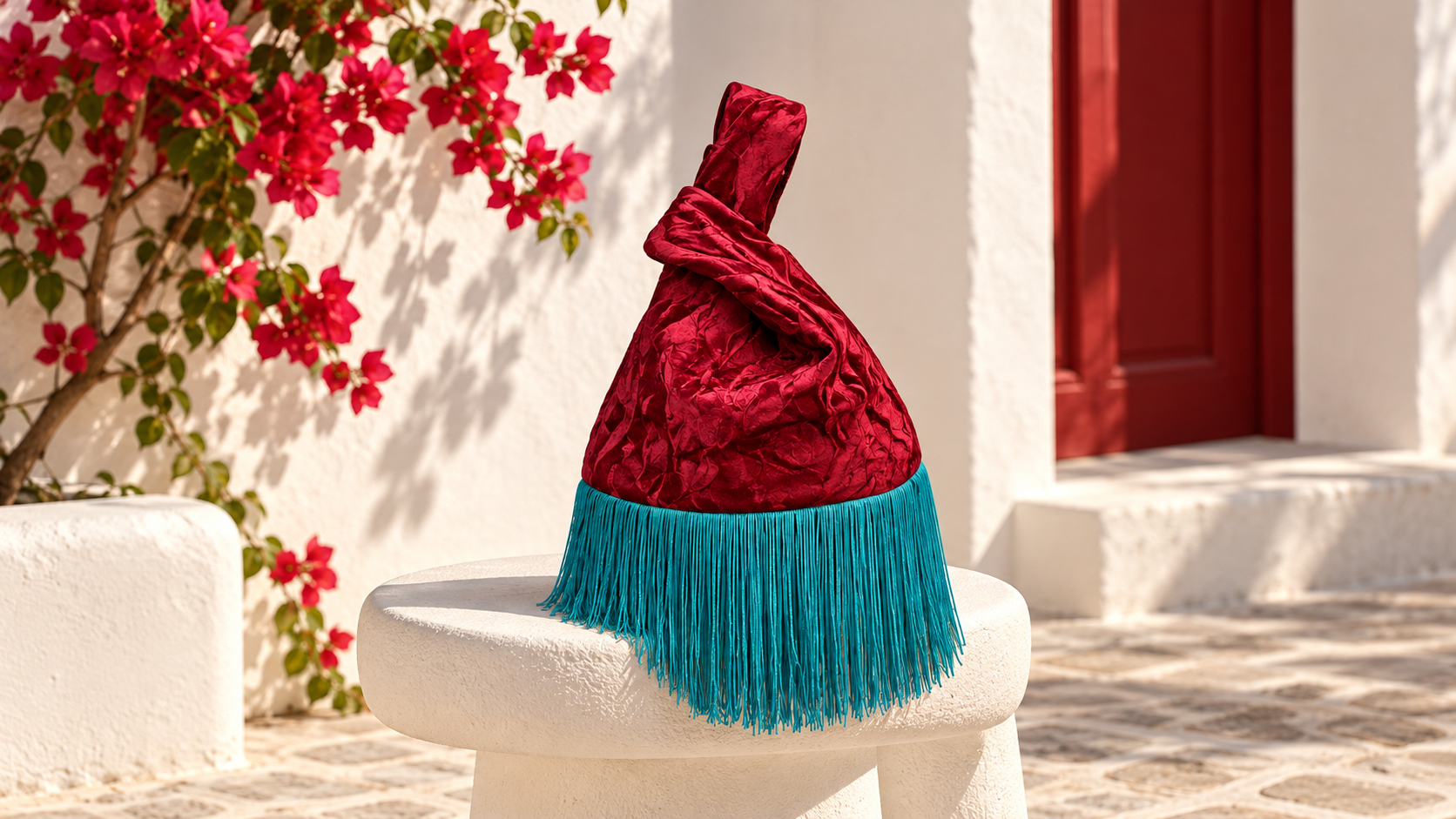 Campaña conceptual: cartera roja con flecos turquesa sobre una mesa blanca